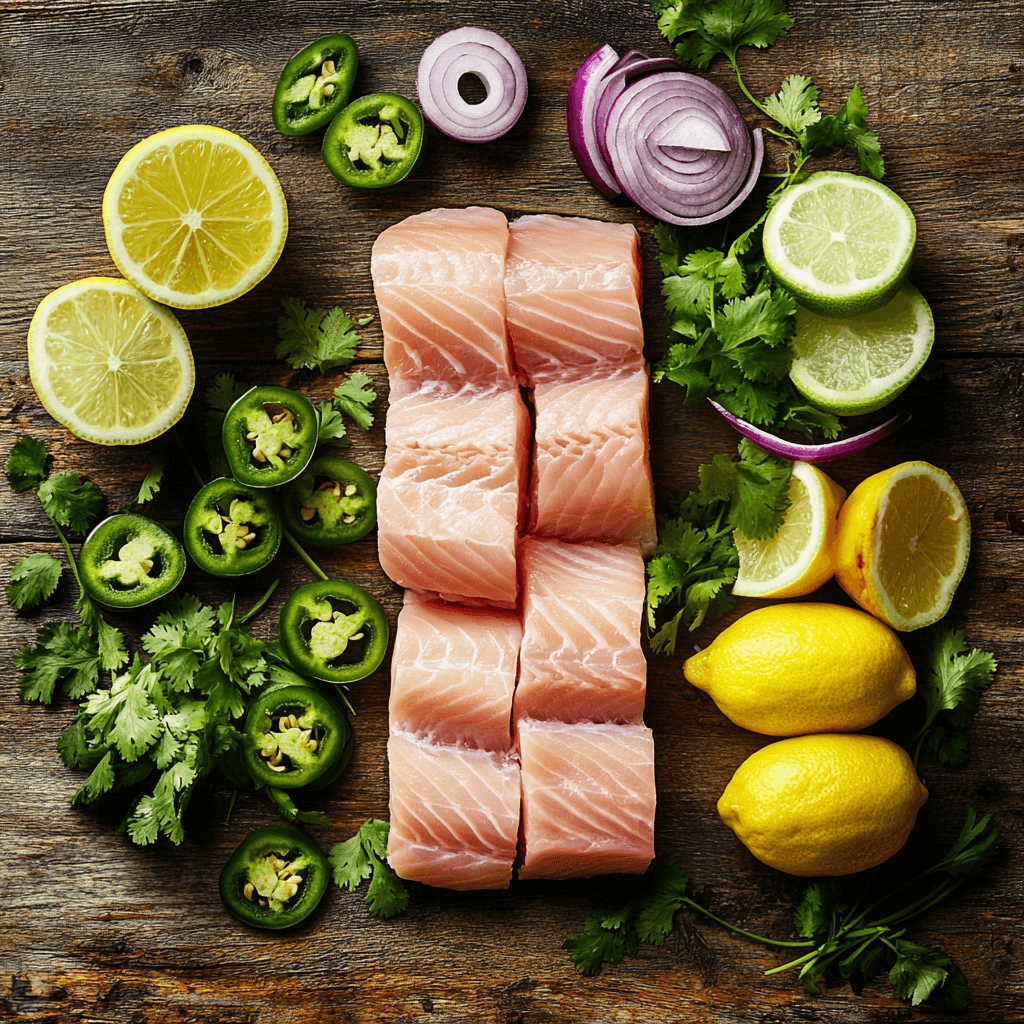 Fresh sturgeon, limes, lemons, red onion, cilantro, and jalapeño for making Sturgeon Ceviche.