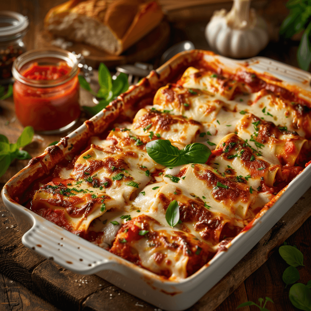 Cheesy lasagna rollups in a baking dish, topped with marinara sauce and melted mozzarella, garnished with fresh basil.