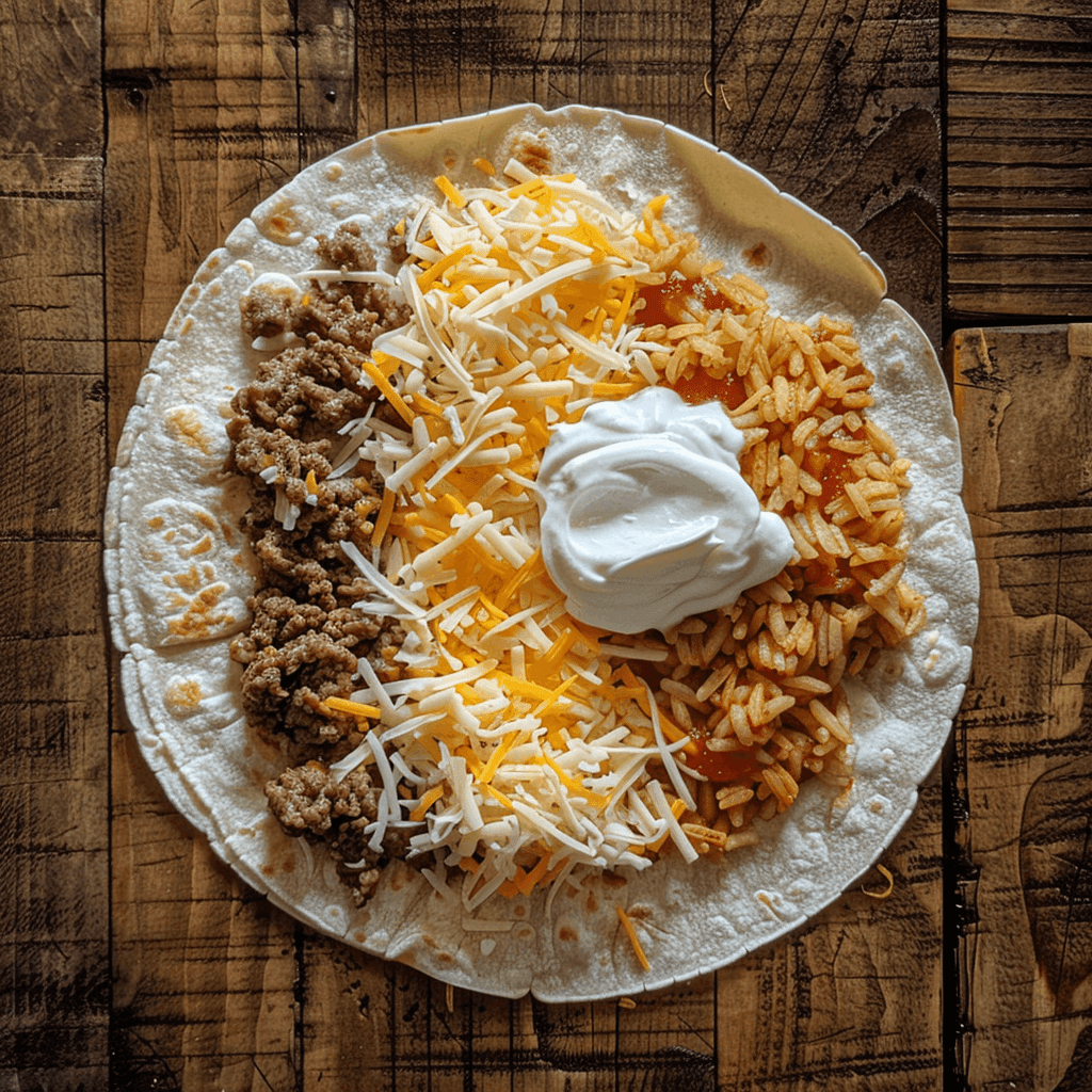 Flour tortilla layered with Spanish rice, seasoned beef, nacho cheese sauce, shredded cheese, and sour cream, ready to be rolled.