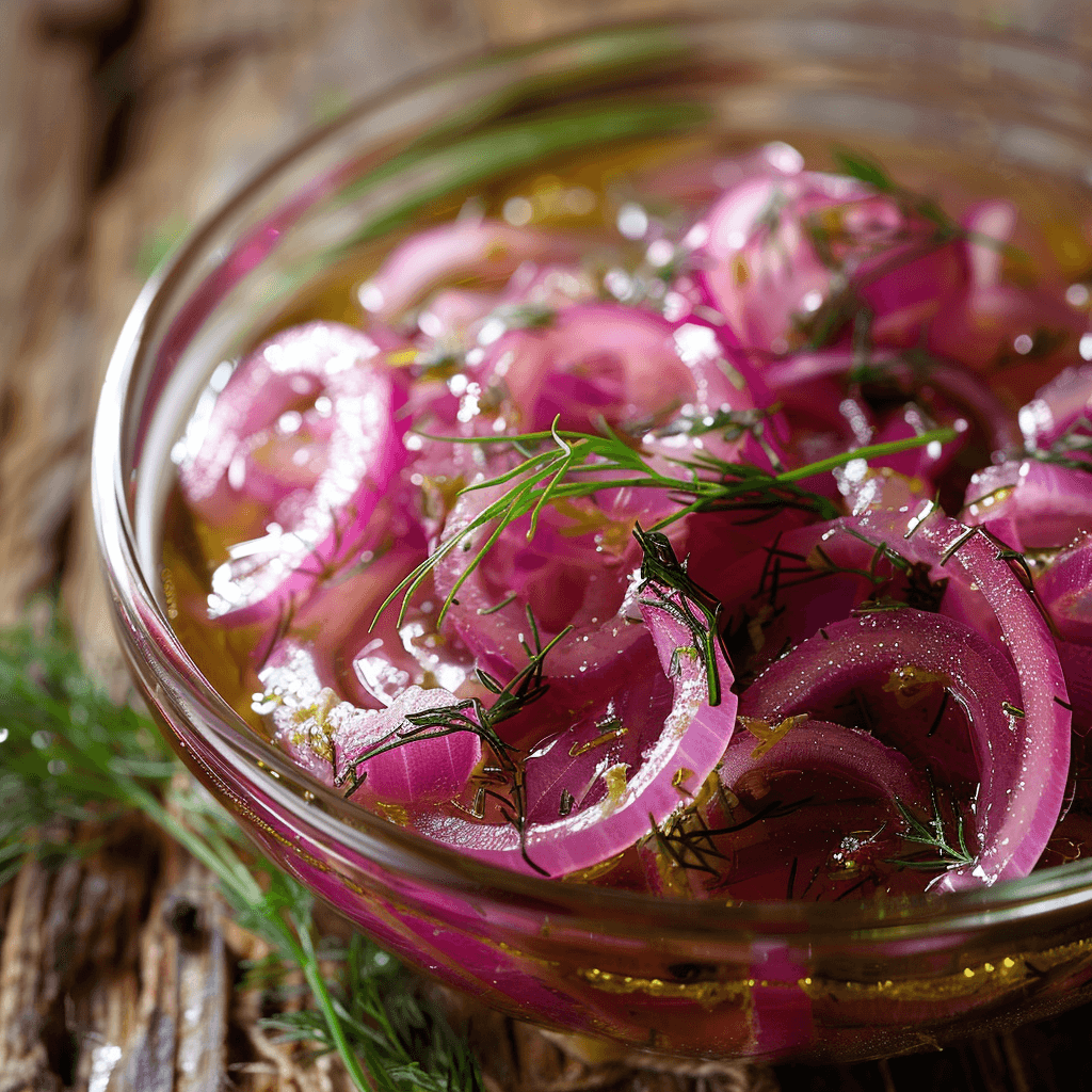 Red onions sliced and marinating in a mixture of olive oil and lemon juice.