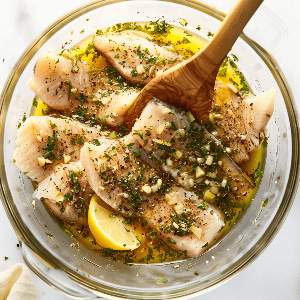 Dory fillets being brushed with a garlic and lemon marinade in a bowl.