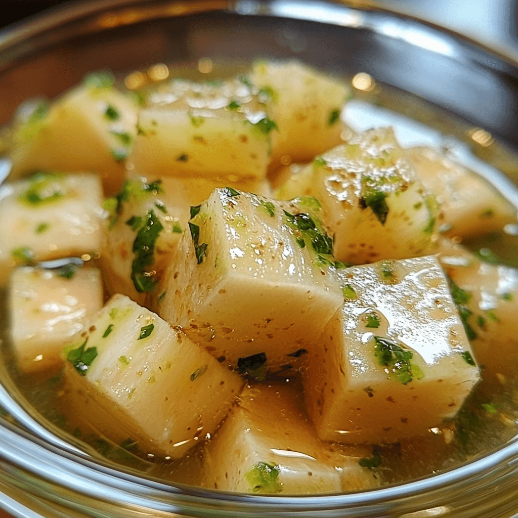 Sturgeon cubes marinating in a mixture of lime and lemon juice.