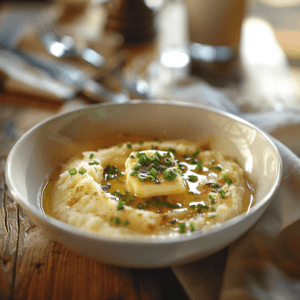 Creamy classic mashed potatoes served in a white bowl with a pat of butter on top