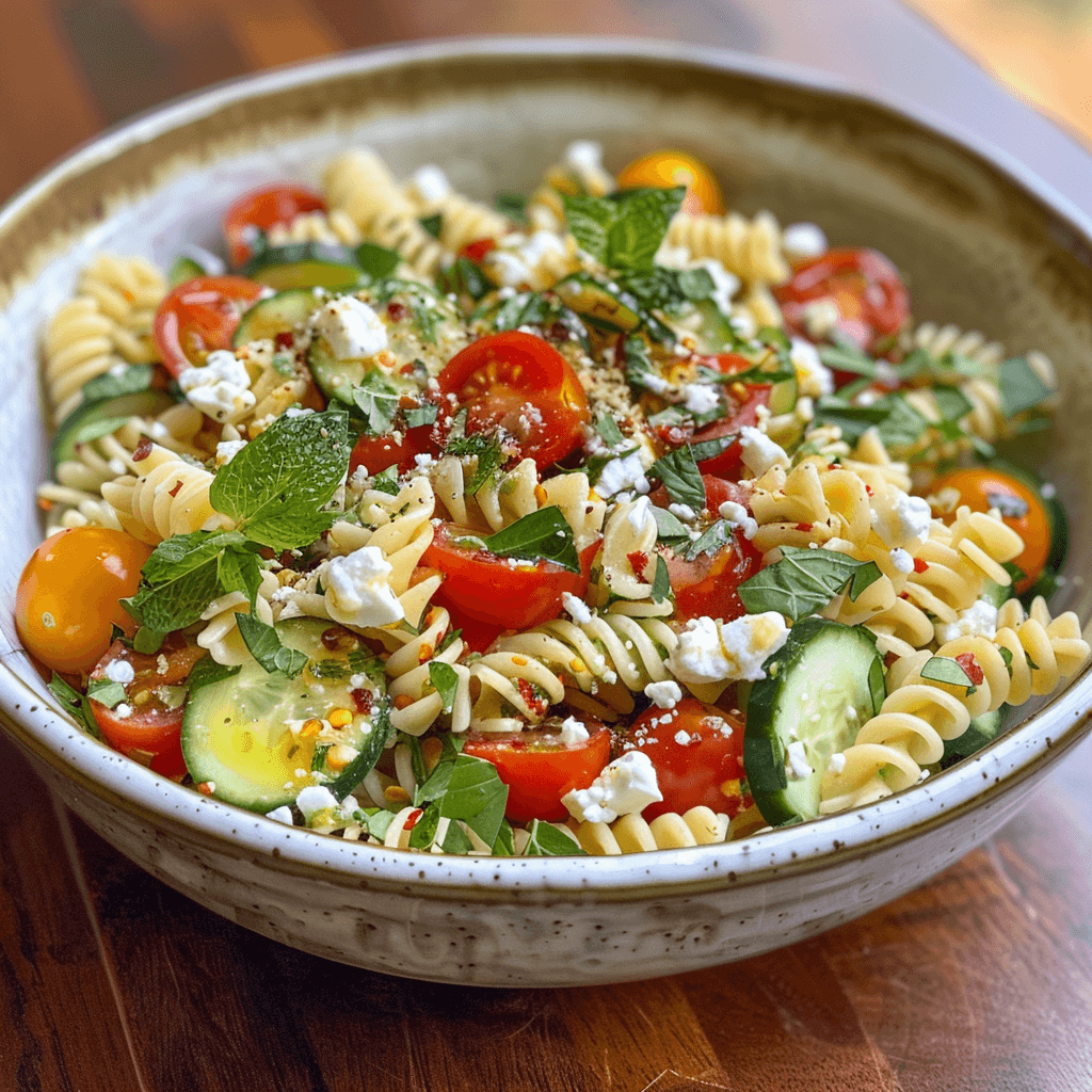 Mediterranean-style Cellentani Pasta Salad with olives and sun-dried tomatoes