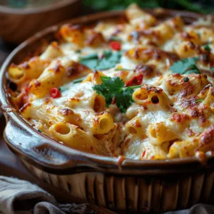 Mexican Baked Pasta Cellentani fresh out of the oven, topped with cheese and cilantro.