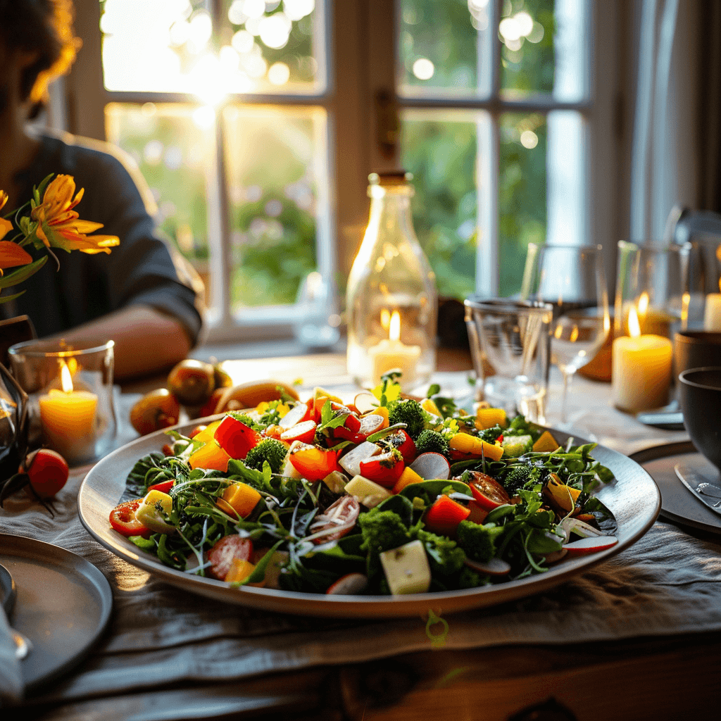 A person enjoying a colorful salad with fresh vegetables at a calm, neatly arranged dining table.