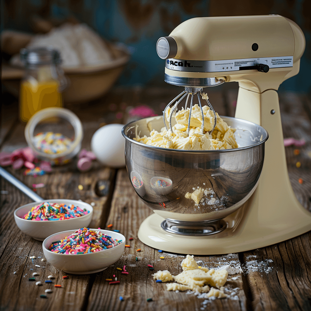 A stand mixer blending butter, sugar, and flour to make birthday cookie dough.