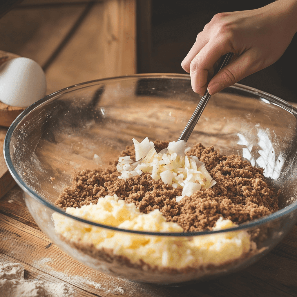 Hands mixing ground beef, breadcrumbs, and other ingredients in a large bowl for Ina Garten's meatloaf.