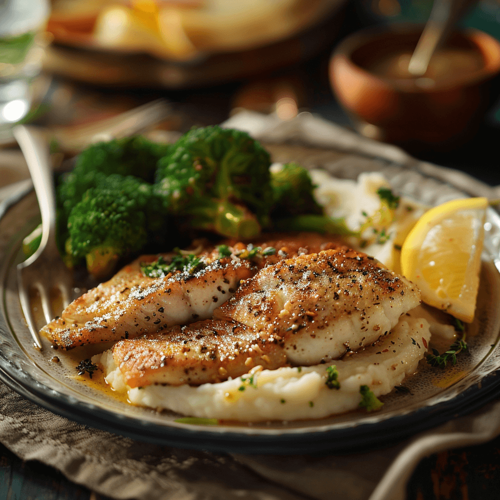 Golden pan-seared dory fillets garnished with lemon slices and fresh parsley on a white plate.