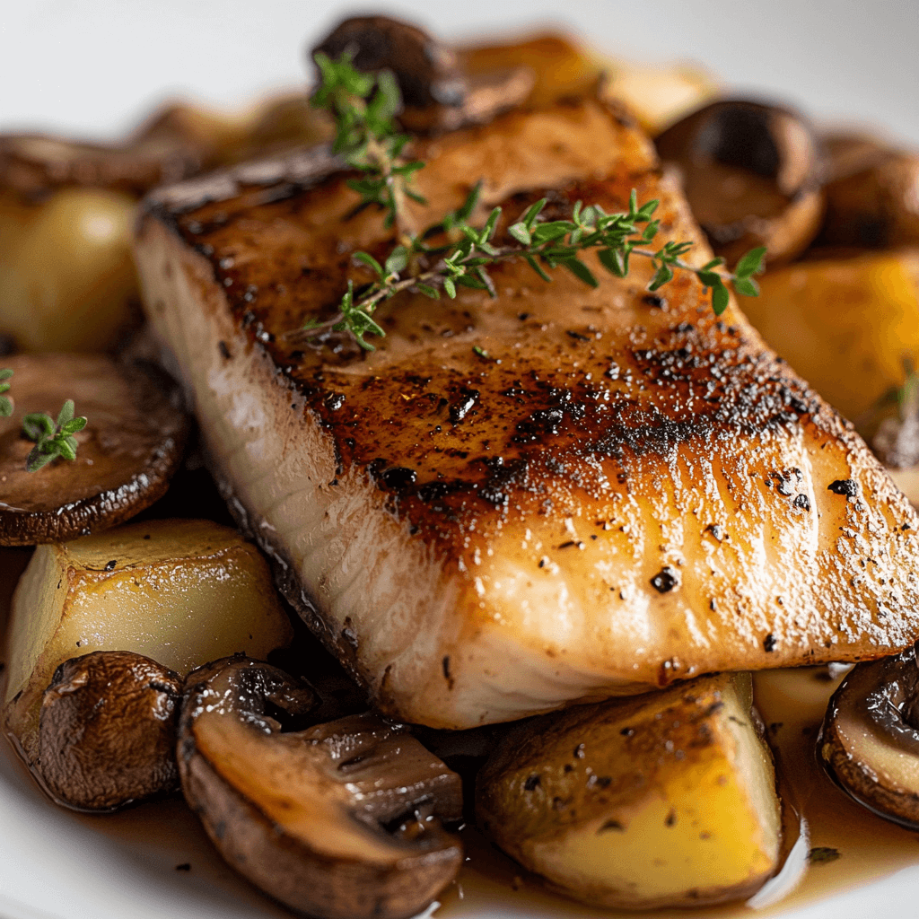 Pan-seared sturgeon fillet with sautéed mushrooms and creamy mashed potatoes.