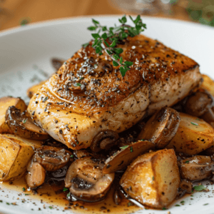 Pan-seared sturgeon fillet served with sautéed mushrooms and crispy potatoes on a white plate.