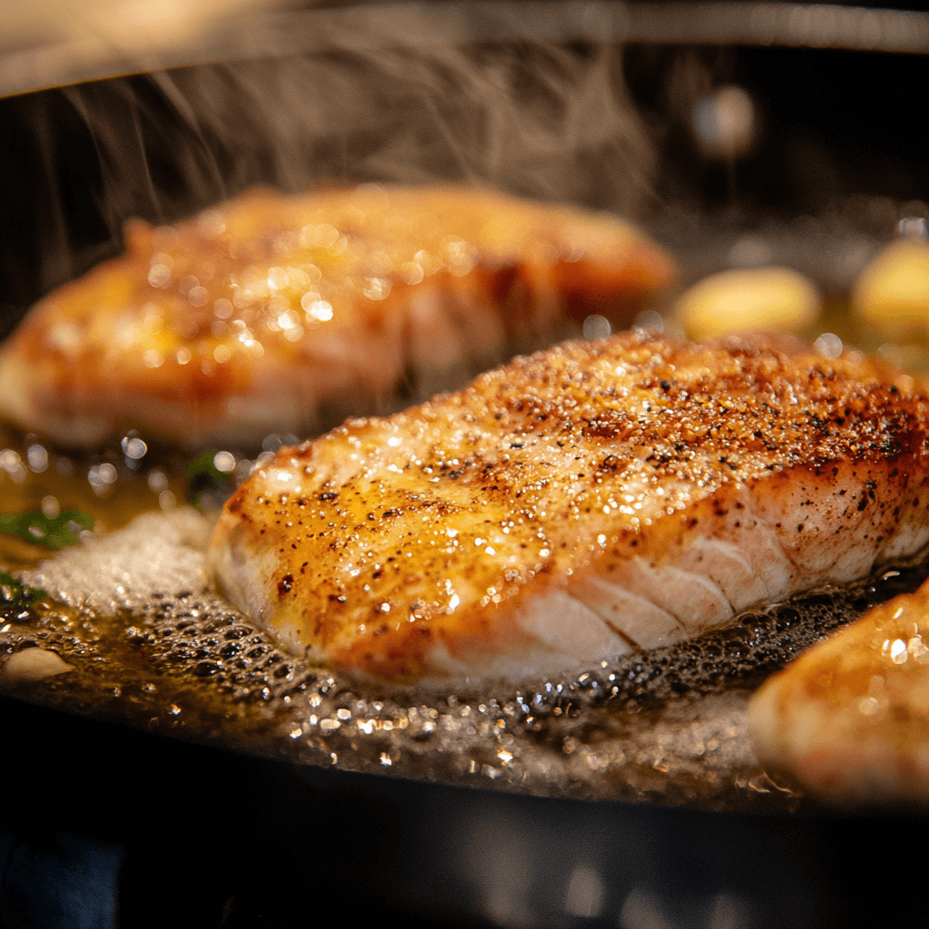 Sturgeon fillets being seared in a skillet with butter and olive oil.