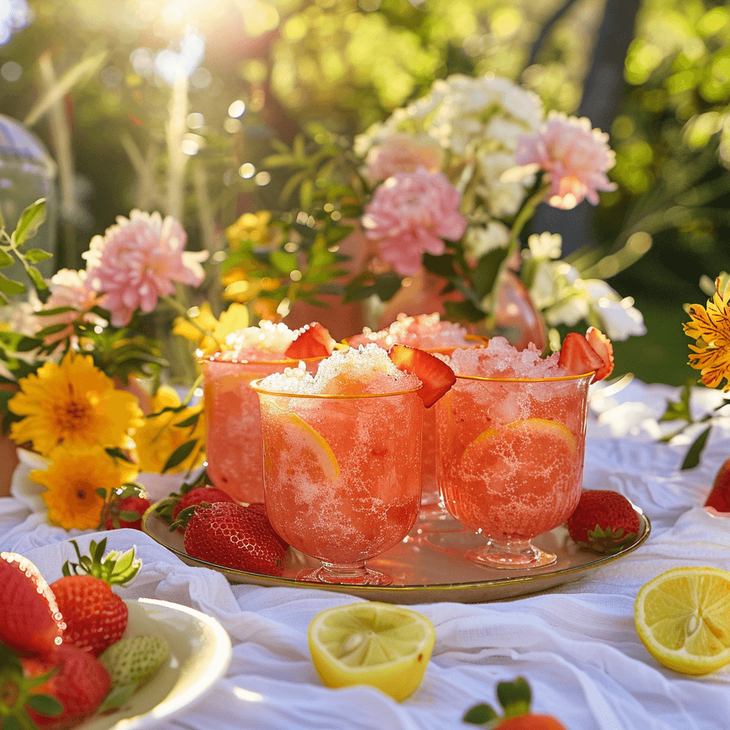 Summer party table with Fresh Strawberry Granita, strawberries, and lemon slices, perfect for entertaining.