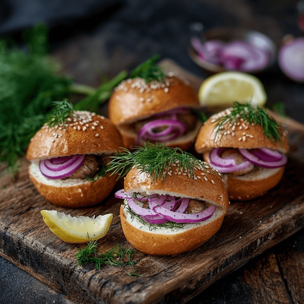 A platter of Matjesbrötchen rolls with marinated onions, fresh dill, and lemon slices on a wooden board.