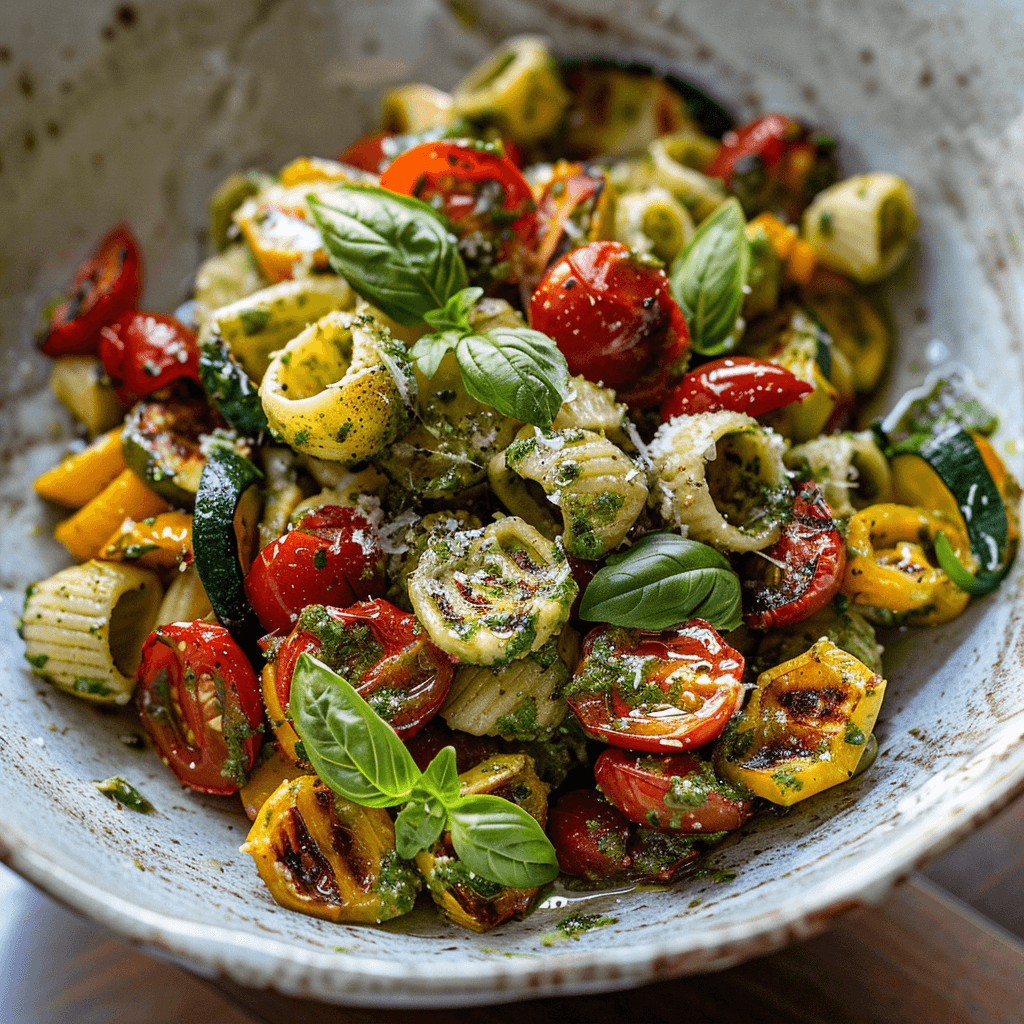 Pesto Roasted Vegetable Cellentani served in a white bowl