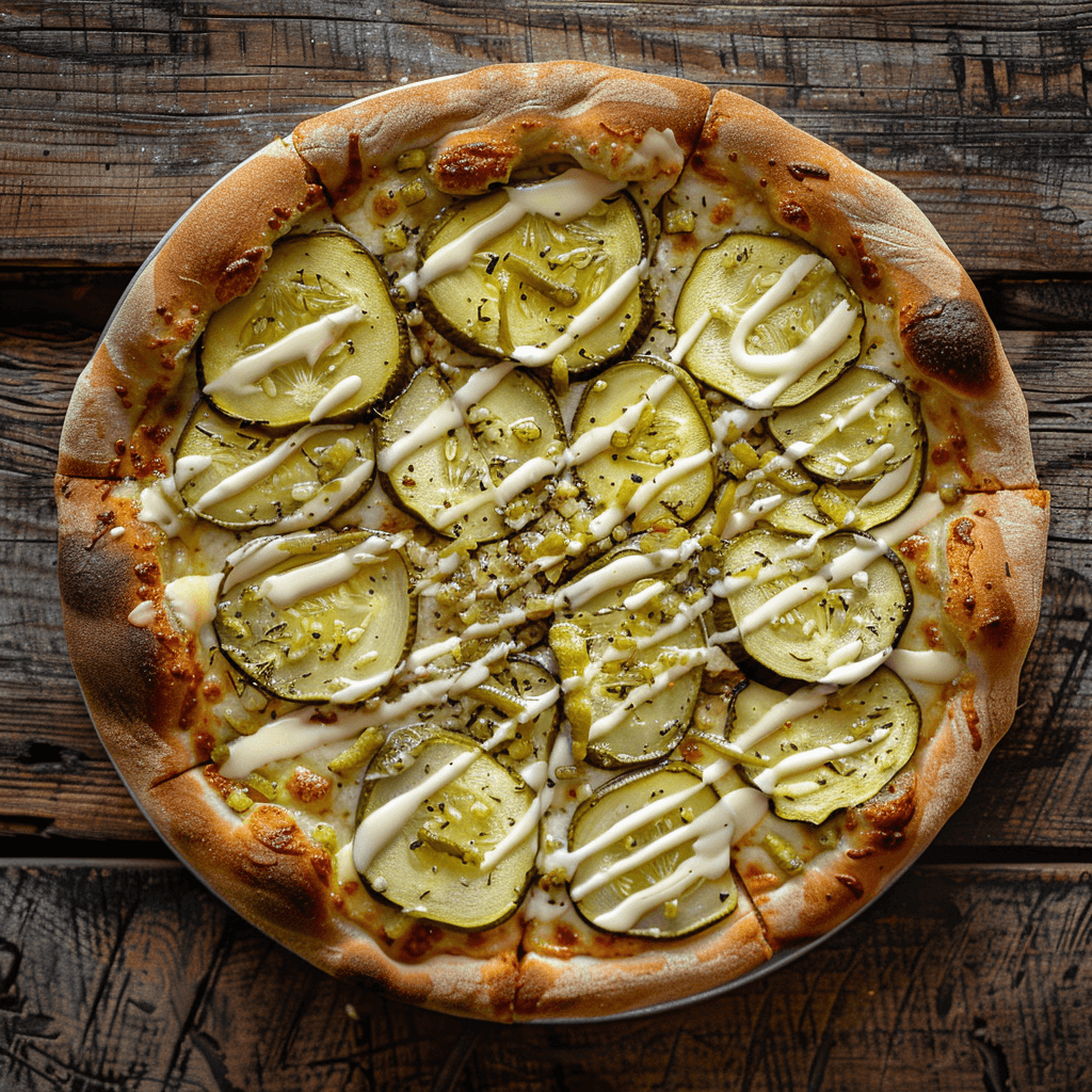 Pickle pie pizza with dill and cheese on a crispy crust.