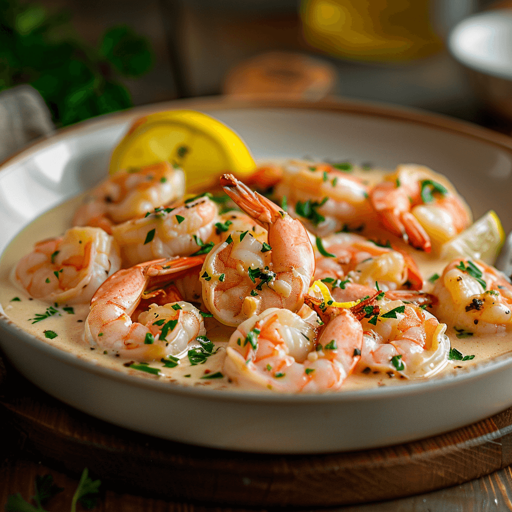 Deliciously plated creamy garlic shrimp garnished with parsley and lemon slices