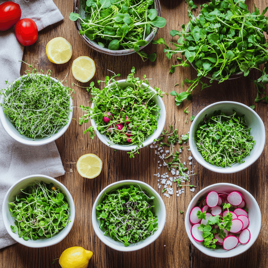 Different types of microgreens like radish, pea shoots, and broccoli. 