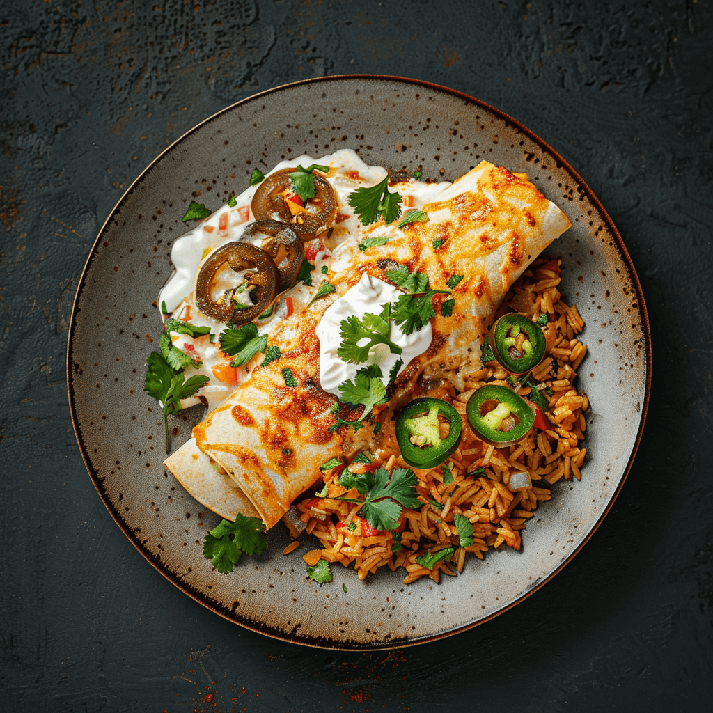 Pork enchiladas served on a plate with sour cream, lime wedges, and a side of Mexican rice and beans.