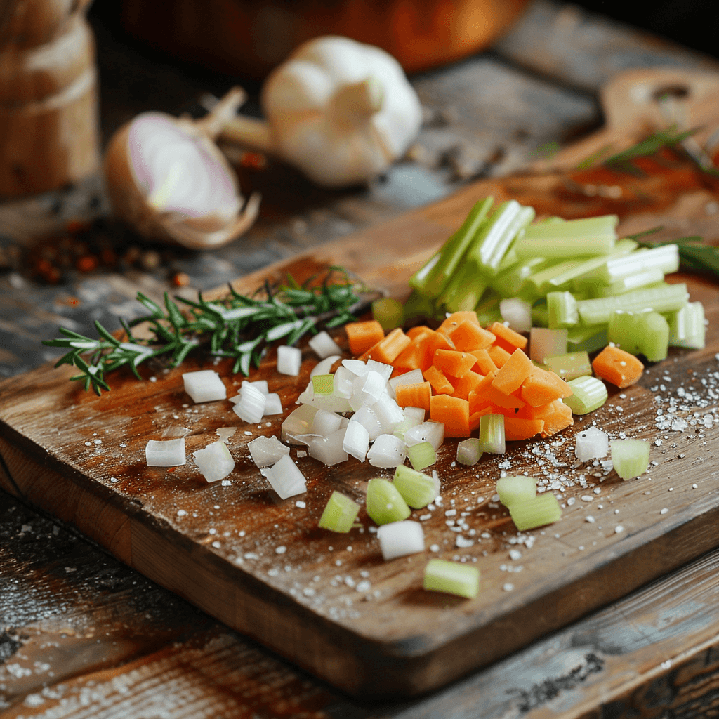 Chopped onions, carrots, celery, and fresh rosemary on a wooden cutting board.