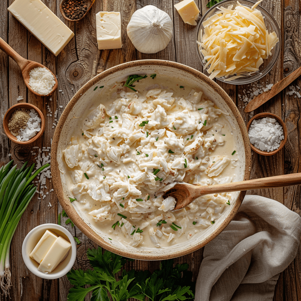 Ingredients being mixed in a large bowl for the Crabbies recipe.