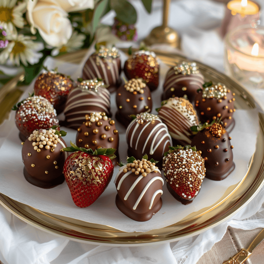 Beautifully presented chocolate-covered strawberries arranged on a platter with parchment paper, topped with a drizzle of white chocolate, and garnished for special occasions.