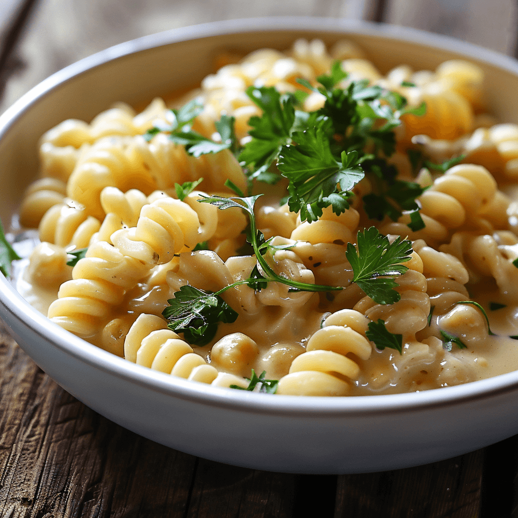 Chickpea Cream Cellentani served on a plate with a fork on the side.