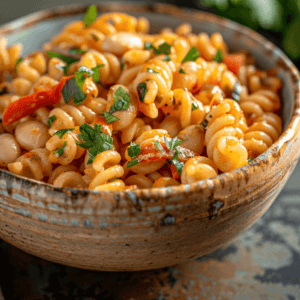 A bowl of Red Pepper White Bean Cellentani pasta garnished with fresh parsley.