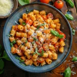 Roasted cherry tomato cellentani pasta garnished with fresh basil and Parmesan.