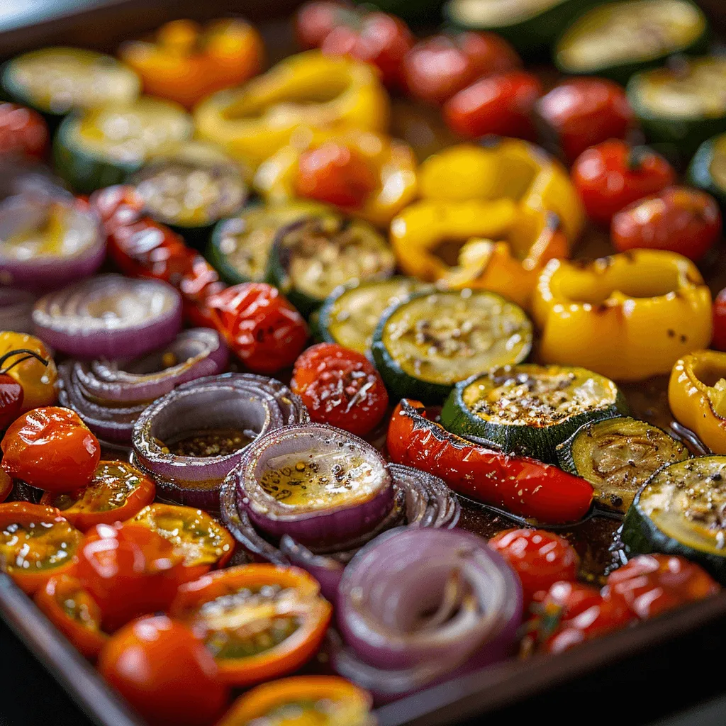 Roasted vegetables on a baking sheet fresh from the oven