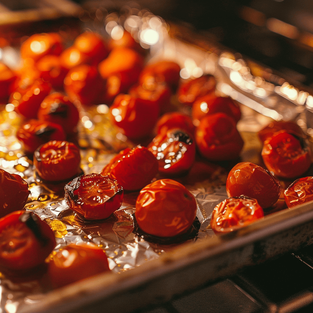 Close-up of roasted cherry tomatoes bursting with juices on a baking tray.