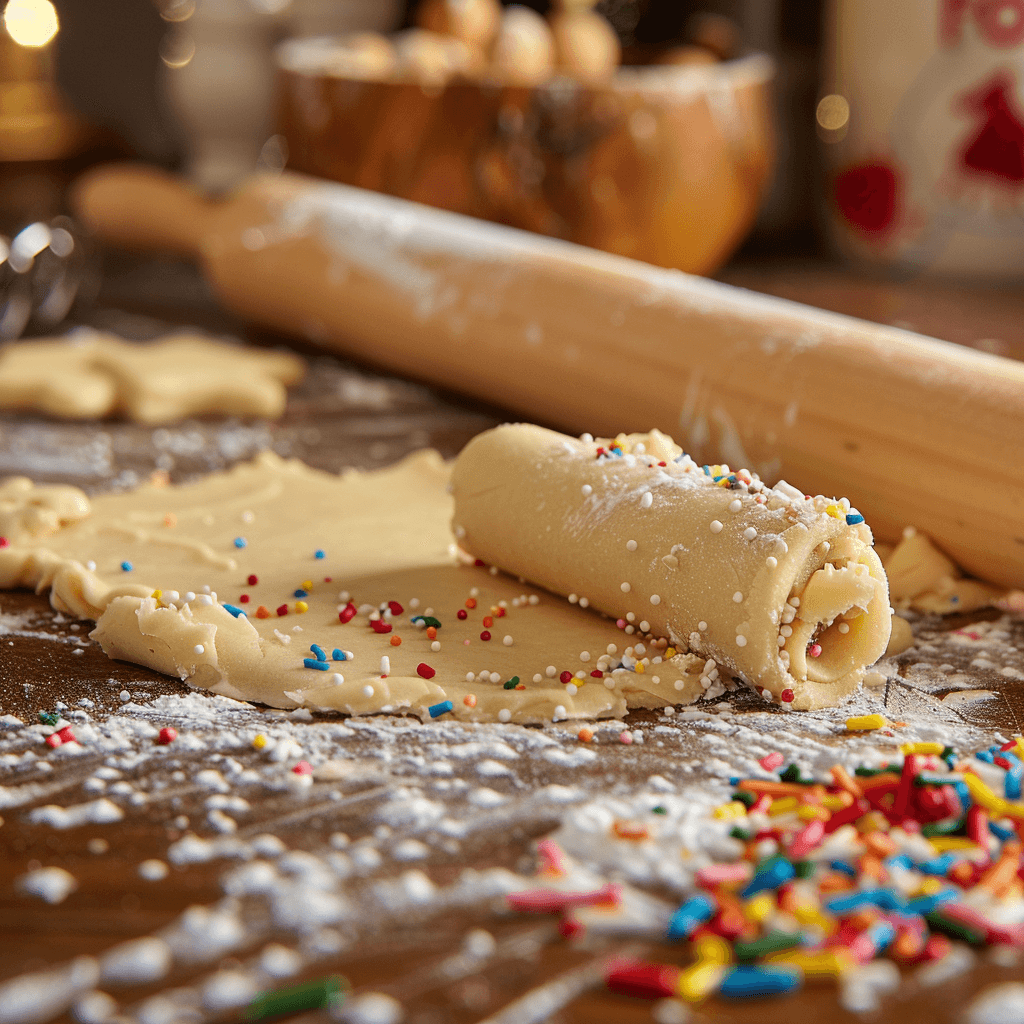 A rolling pin flattening birthday cookie dough on a floured surface.