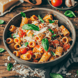 Rustic setup of roasted cherry tomato cellentani pasta garnished with basil and Parmesan.