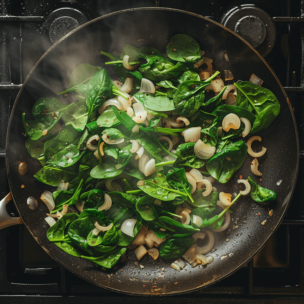 Sautéed spinach and onions for Pispili recipe filling.