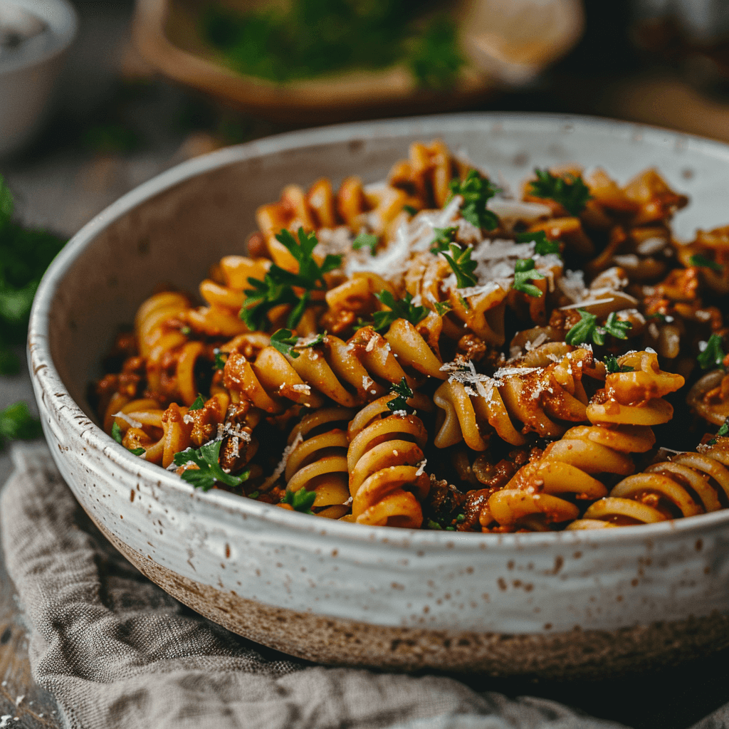 A bowl of Savory Ragout Cellentani with rich meat sauce.