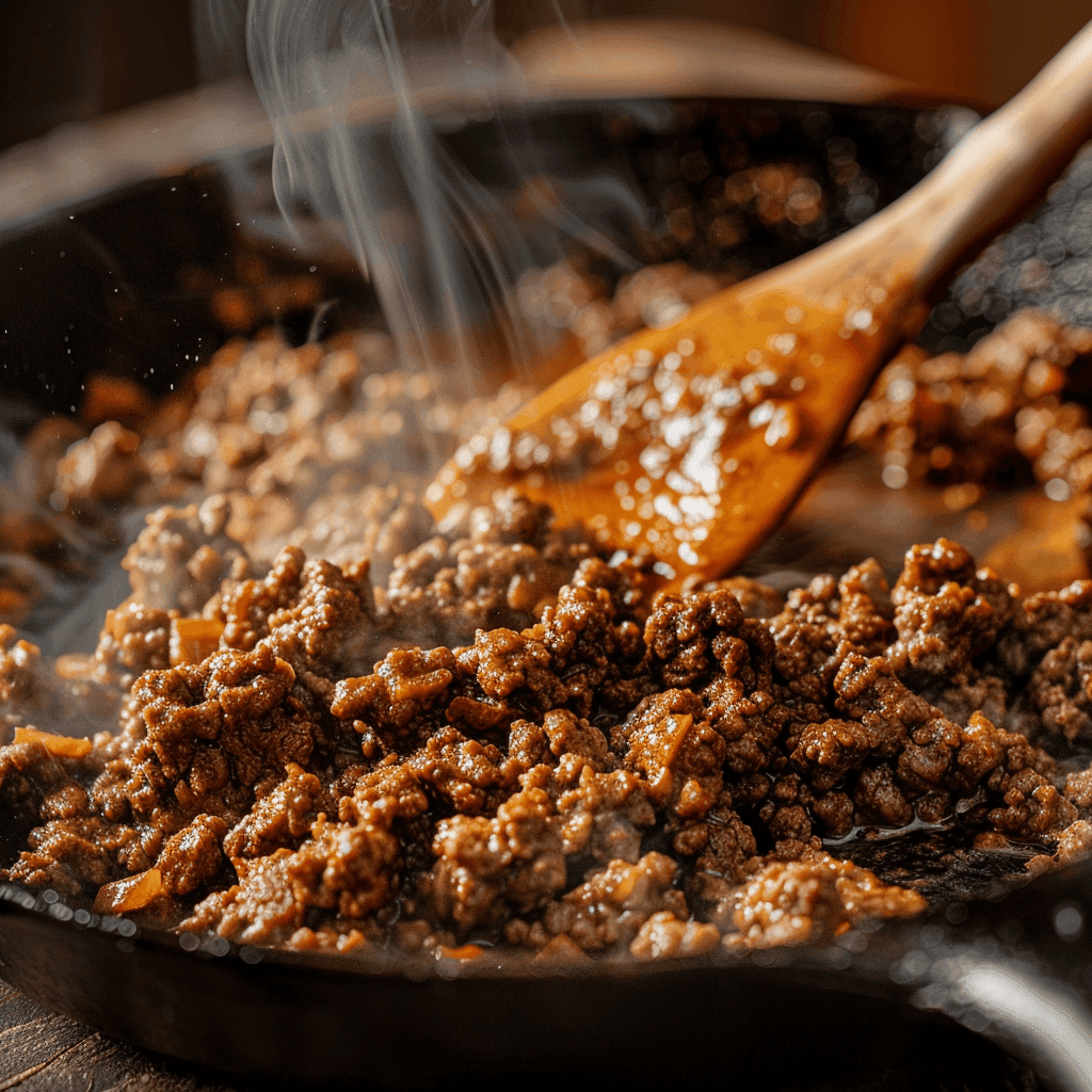 Ground beef cooking in a skillet with taco seasoning, ready for assembling cheesy beef burritos.