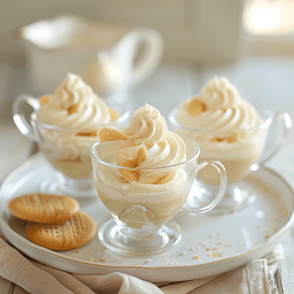 Individual servings of banana pudding in glass cups with whipped cream and wafer topping.