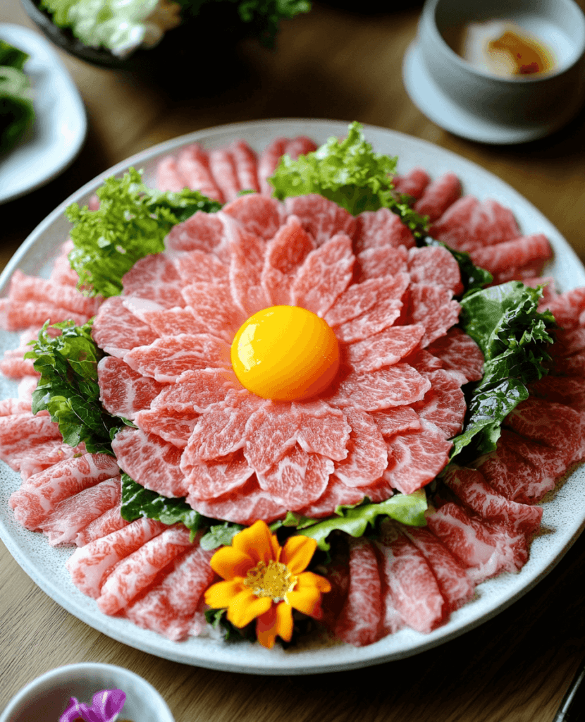 A plated serving of beef carpaccio with eggs garnished with fresh basil and parsley.