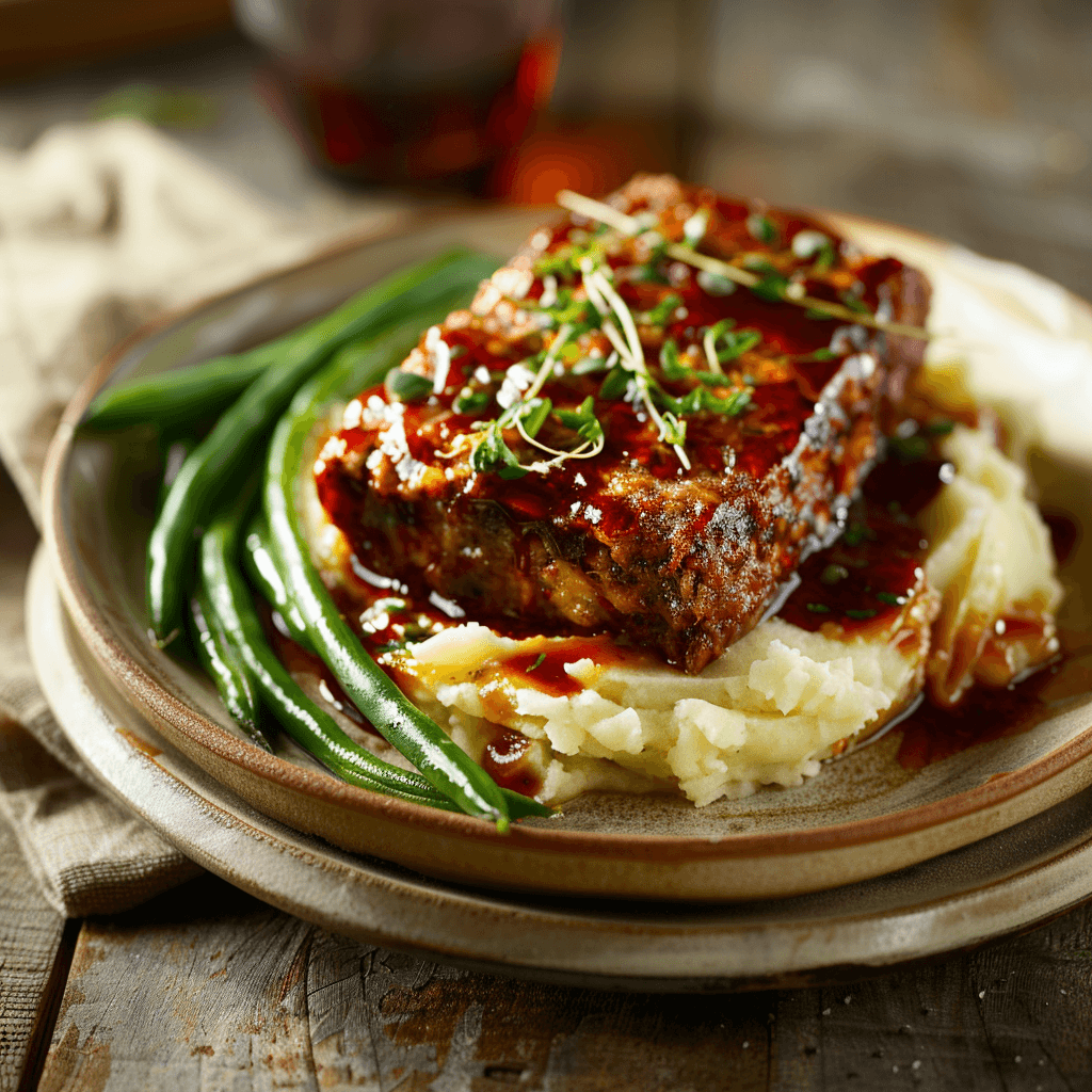 Sliced Crockpot Meatloaf served with mashed potatoes and green beans.