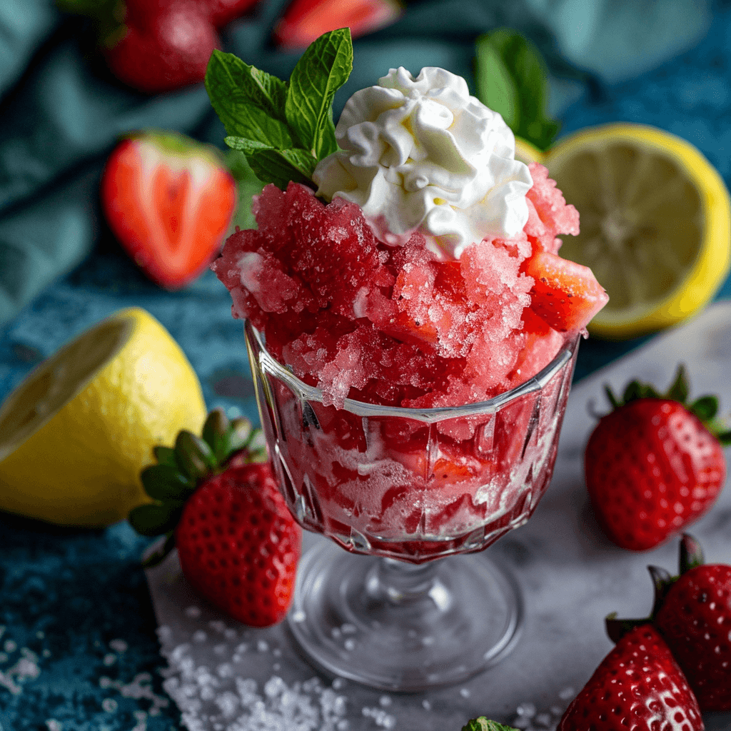 Fresh Strawberry Granita served in a glass with whipped cream and mint garnish, perfect for summer parties.