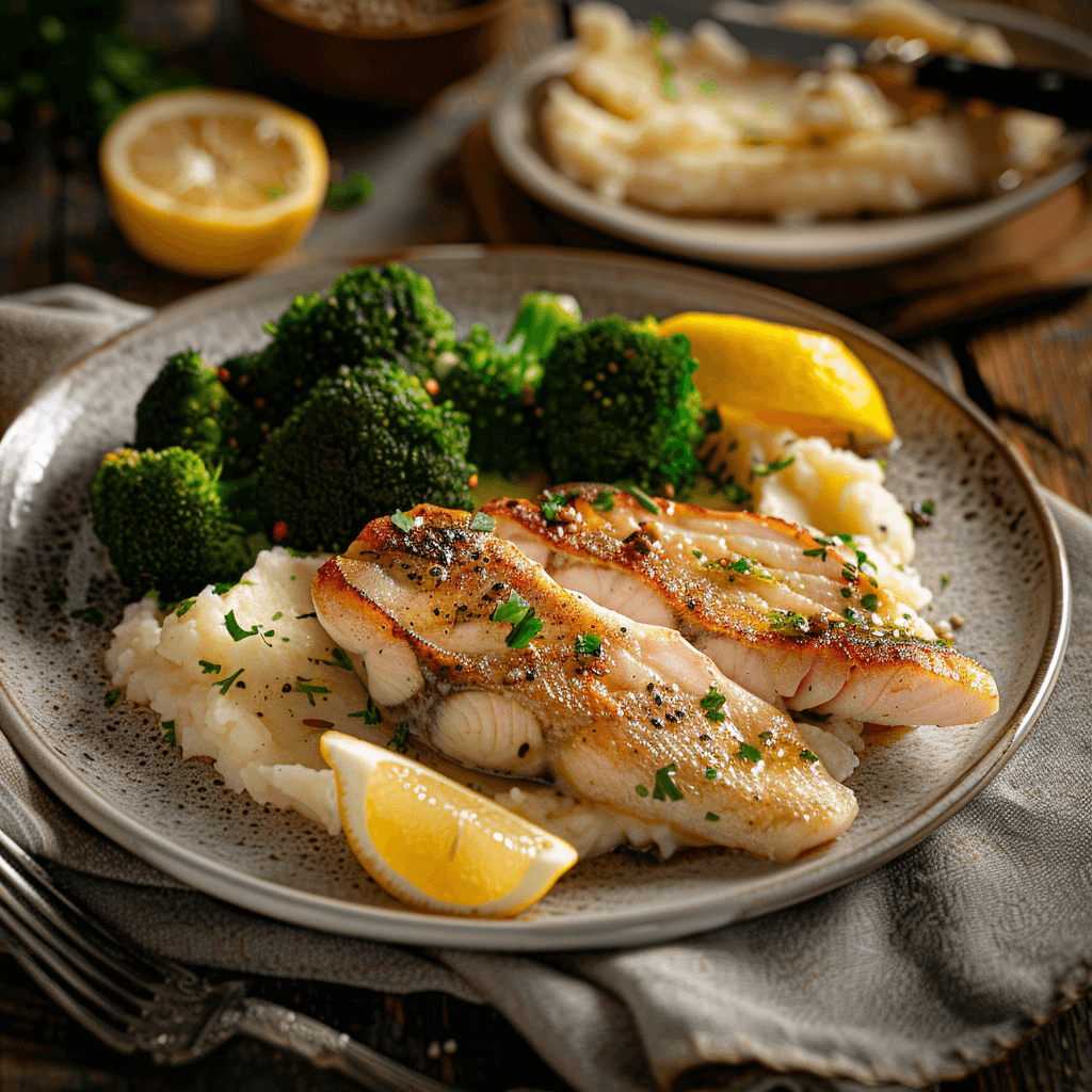 Pan-seared dory fillets served with steamed vegetables and mashed potatoes on a dining table.