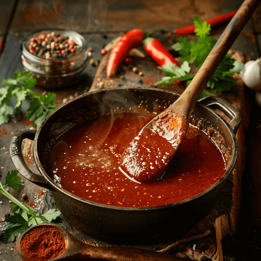 A saucepan of simmering red enchilada sauce being stirred with a wooden spoon.