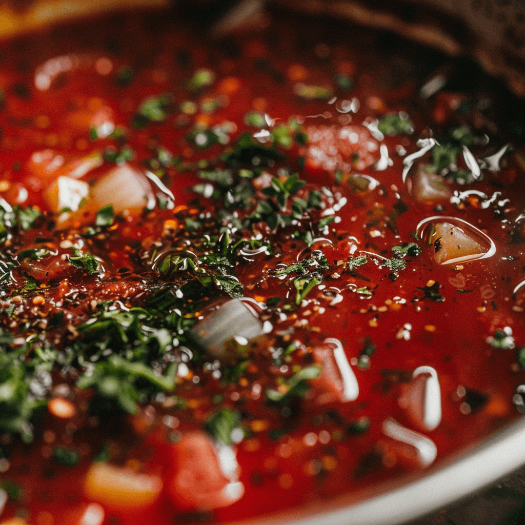 A saucepan with marinara sauce simmering with garlic and herbs.