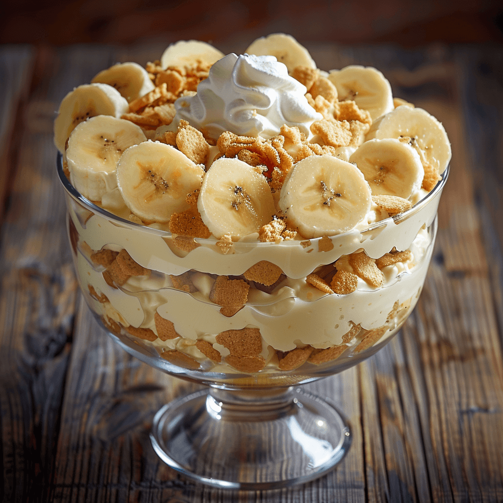 Banana pudding dessert with layers of pudding, bananas, and wafers, topped with whipped cream.