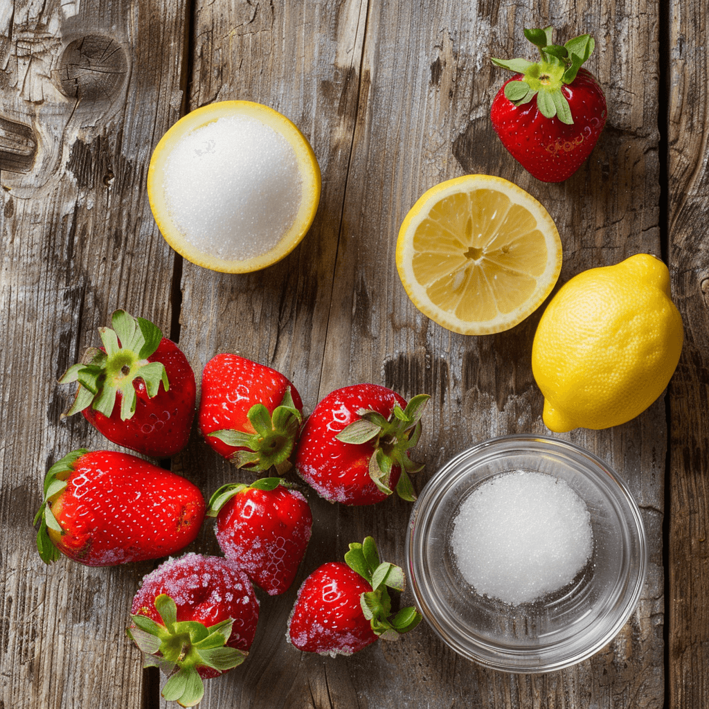 Ingredients for Fresh Strawberry Granita: fresh strawberries, sugar, lemon, and water arranged on a rustic wooden table.