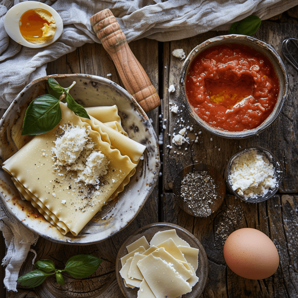 Ingredients for lasagna rollups: lasagna noodles, ricotta, marinara sauce, mozzarella, Parmesan, egg, and Italian seasoning.