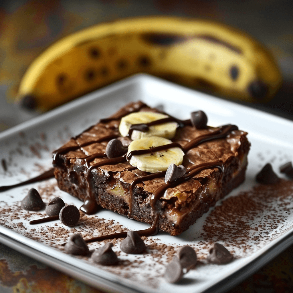 Close-up of a single banana brownie topped with chocolate chips and chocolate drizzle, served on a white plate with a ripe banana in the background.