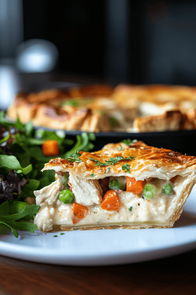 A serving of chicken pot pie on a white plate with a side of fresh green salad.