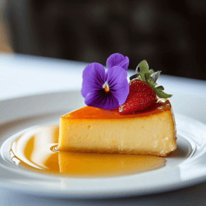 A close-up of sliced cream cheese flan with caramel sauce dripping down the sides, ready to serve.