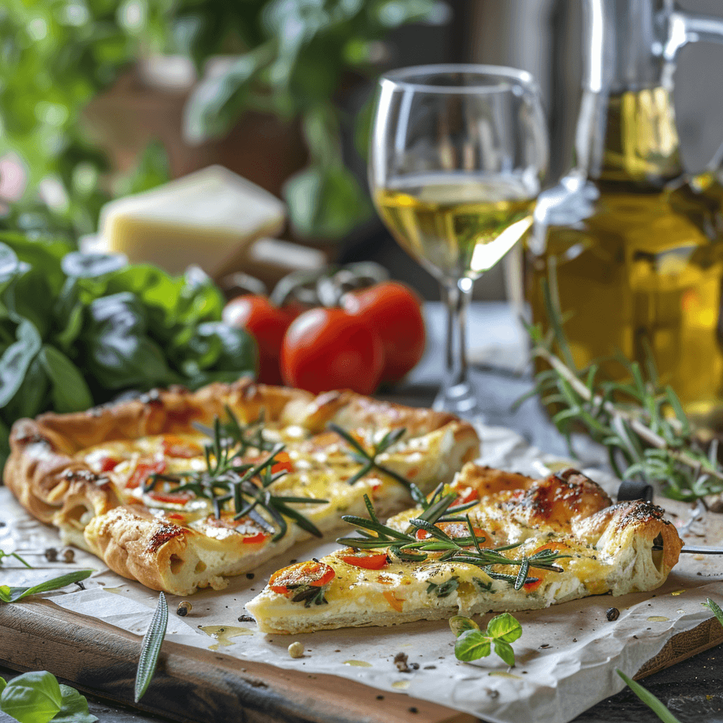 Slices of crispy Scarpaccia tart served with a side salad and a glass of white wine.